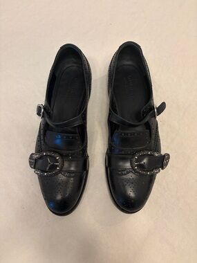 Gucci Black Leather Mary Jane Loafers with Crystal Buckles